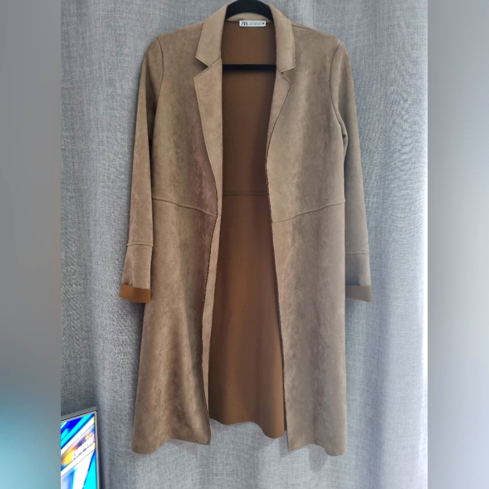 Ladies Brown suedette knee length duster coat. Size XS. Zara - Picture 2 of 7